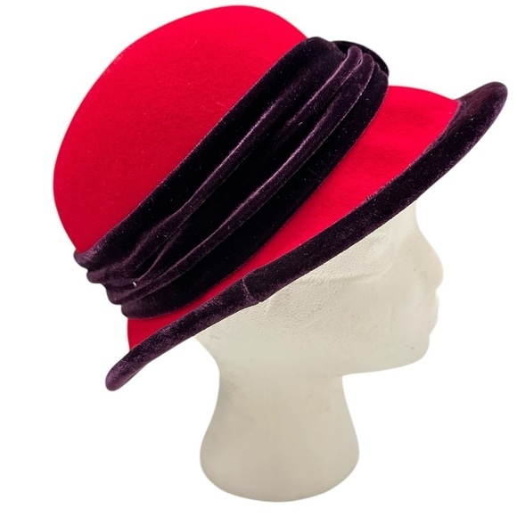 Jenny Buchanan Women’s 100% Wool Red Hat Society Purple Velvet Bow Brimmed Hat - Picture 2 of 7